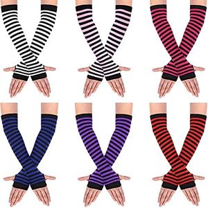 SATINIOR 6 Pairs Long Fingerless Gloves for Women Knit Thigh High Striped Arm Warmer Thumb Hole Stretchy Gloves(Bright Color)