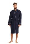 Cotton Trend Mens Navy Blue With White Piped Trim Waffle Dressing Gown 100% Turkish Cotton Lightweight Robe With Kimono Collar Bathrobe Luxury Soft Hotel Quality Knee Length Robe Large