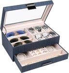 LANDICI Watch Box Organiser Jewellery box for Men Women, 2 Layer 6 Slot PU Leather Watch Storage Case with Glass Top, Large Jewelry Display Holder for Sunglasses Necklace Earring Ring, Wooden Blue