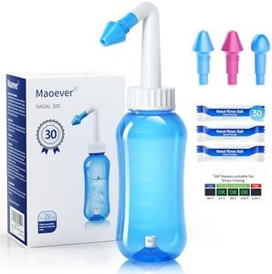 MAOEVER Neti Pot Sinus Rinse Bottle Nose Wash Cleaner Pressure Rinse Nasal Irrigation for Adult & Kid BPA Free 300 ML with 30 Nasal Wash Salt Packets and Sticker Thermometer(Blue)