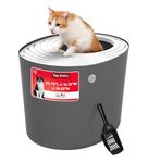 IRIS USA Top Entry Cat Litter Box with Scoop - Large - Stylish Enclosed Round Oval Kitty Dog Proof Box, Litiere Pour Chat Bac - Dark Gray/White