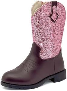 rosyclo Kids Cowboy Boots for Boys Girls, Western Boots Embroidered Faux Leather Cowgirl Wide Width Ankle Boot Round Toe Mid Calf Riding Shoes for Little Big Kid, Dark Brown Pink