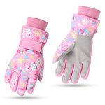 Waterproof Winter Kids Gloves Cartoon Boys Girls Snow Mittens Warm Outdoor Ski Gloves with Fleece Lining (4-6 Years, Pink)