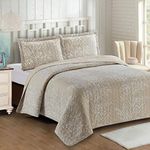 Royal Hotel Bedding Odette Beige Oversized Coverlet Set, Luxury Printed Design Quilt, Bedspread Set - Filled Quilts - Fits Pillow top Mattresses - 3PC Set - King/California King Size