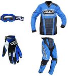 Wulf Kids Mx 2024 Motocross Suit with Stratos Off Road Gloves and Goggles for Junior Motorbike Motorcycle ATV Quad Dirt Bike BMX Racing Kit - BLUE : 5-7 years - GLOVES : XS