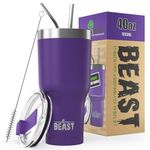 Beast Tumbler - 1100 ml (40 oz), Purple | Reusable Stainless Steel, Vacuum Insulated Cup | with + 2 Straws & Cleaning Brush | Double Wall Travel Flask Perfect for Hot or Iced Coffee | BPA Free