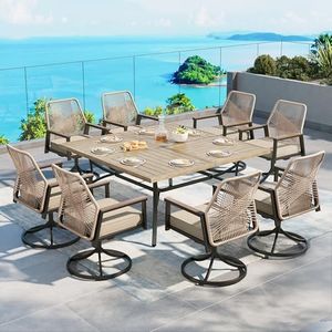 Patio Dining Set 9 Piece, 8 x Woven Rattan Swivel Chairs with Waterproof Cushion, 60" Square Wood-Like Metal Table with Umbrella Hole, Outdoor Table and Chairs Set for Backyard Lawn and Deck, Beige