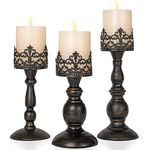 Distressed Black Candle Holders for Pillar Candles Set of 3, Vintage Crown Candle Stands for Table Centerpiece Decor, Tall Antique Metal Candle Holder Set for Fireplace Decoration, Ideal Gift