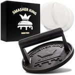 SMASHER KING™ - Premium Cast Iron Smash Burger Press incl. 25 pcs of Patty Paper, Burger Smasher for Griddle with Black Wood Handle, Perfect Hamburger Press, Meat Press, Bacon Press, Sandwich Press