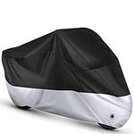 Waterproof Outdoor Motorcycle Cover, Roctee Dust Resistant Anti UV Rain Sun Wind Proof Motorbike Covers with Lock Holes & Storage Bag, 104.3''(L) * 41.3''(W) * 49.2''(H) for XXL Size (Black Silvery)