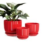 Red Ceramic Flower Pots Set of 3, 4+5+6 inch Plant Pots for Indoor Plants Ceramic Plant Pots with Tray,Medium Indoor Planters for Aloe Cactus Decorative Pots with Drainage Hole