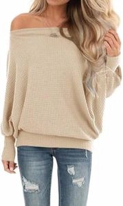 Lacozy Women's Off The Shoulder Tops Waffle Knit Oversized Sweatshirt Long Sleeve Tunic Shirts Pullover Sweaters Apricot M