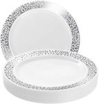 MATANA 20 Premium White Plastic Dinner Plates with Silver Lace Rim, 26cm / 10 Inch - Elegant & Reusable Party Tableware for Weddings, Birthdays, Picnic, BBQ, Parties