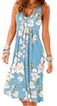 Sisgaa Women's Empire Waist Pleated Floral Sundresses Summer Beach Sleeveless Casual Swing T-Shirt Dresses Light Blue