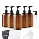 Alora 5-in-1 Apothecary Bottles for Home & Commercial Use - 16oz Elegant 8.5x3in Refillable Amber Shampoo Storage, Handwash, Massage Oils - Includes 24 Waterproof Labels, Bonus 2CC Pump & Funnel