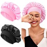 XRACEPHOL 2PCS Silk Bonnet for Sleeping Satin Bonnet Breathable Bonnets for Black Women Satin Hair Cap for Sleeping Wide Elastic Band Sleep Cap Hair Bonnet for Sleeping（Black+Pink）