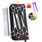 Dog Grooming Scissors kit with Safety Round End, Pet Grooming Trimmer Set with Blunt Tip-Thinning, Straight, Curved Shears tool with Comb, Nail Cliper and Nail File for Long Short Fur of Cat and Puppy