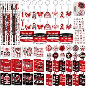 24 Sets Red Ribbon Week Items Include Red Ribbon Awareness Pin Notebook Bookmarks with Ribbon Keychain Silicone Wristbands Pencils Stickers Tattoos for Student Teenage Say No to Drugs