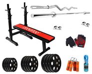 Cockatoo (10Kg to 200 Kg) Home Gym Combo with (51 mm Diamater) 7 Holes Metal Integrated Olympic Weight Plates & Adjustable Weight Bench; Home Gym Set (180 Kg)