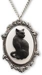 Black Cat Cameo in Antique Silver Finish Pewter Frame Pendant Necklace