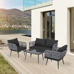 LOCCUS 4-Piece Outdoor & Indoor Rope Patio Furniture Set – Waterproof Conversation & Bistro Sofa Set for Garden, Balcony, Lawn, Terrace (Grey & Black) Comfortable Seating Arrangement for Home Outdoor