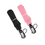 TradMall 2 Pack Travel Umbrella Windproof 46 Inches Large Canopy Reinforced Fiberglass Ribs Ergonomic Handle Auto Open & Close, Black & Pink