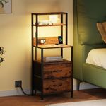 Furnulem Tall Nightstand with Charger Station and LED Tube, 39.4 inch Rustic Bedside Table End Side Table with 2 Drawers, Night Stand for Bedroom, Home Office, Dorm