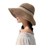 WITERY Trendy Summer Straw Sun Hat for Women Chic Panama Style Beach Hats Foldable Wide Brim Floppy Fedora UPF 50 - Packable Khaki