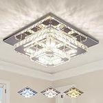 CXGLEAMING 11.8" Modern Crystal Chandelier LED Light Fitting Ceiling Flush Small Square Pendant Ceiling Lights for Living Room Bedroom Hallway Dinning Kitchen(3 Color Changable)