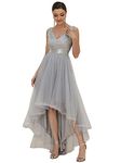 Ever-Pretty Women's Sleeveless High-Low V-Neck Tulle Sequins Long Asymmetric Evening Gowns Silver 14UK