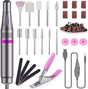 Electric Nail Files, Geecol USB Electric Nail File 20000 RPM Adjustable Speed Portable 11 Changeable Filing Bits Electric Manicure Pedicure Kit Nail Drill for Acrylic Nails, Gel Nails