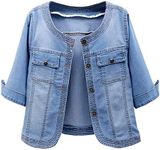 Kedera Womens 3/4 Sleeve Short Denim Jacket Collarless Light Cropped Denim Jean Jackets Shrug Top, Denim Blue, X-Large