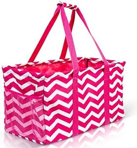 Lucazzi Extra Large Utility Tote Bag, Oversized Collapsible Reusable Wire Frame Rectangular Canvas Basket With Two Exterior Pockets For Beach, Pool, Laundry, Car Trunk, Storage - Chevron Pink