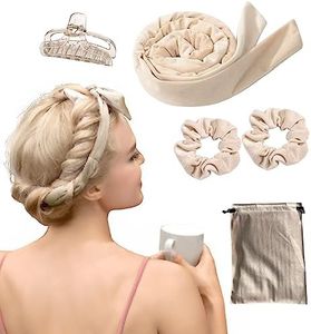 ZANZER (5Pack) Heatless Hair Curler Set Of No Heat Curling Rod Headband, 62" Long Hair Velour Curling Ribbon with Hair Clips Soft Sleep in Overnight Curlers for Women Girls (Beige)