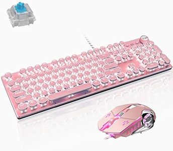 Basaltech Mechanical Gaming Keyboard and Mouse Combo, Retro Steampunk Vintage Typewriter-Style Keyboard with LED Backlit, 104-Key Anti-Ghosting Blue Switch Wired USB Metal Panel Round Keycaps, Pink