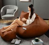 LEXAVI Brand - Faux Leather 3XL Luxury Beanbag + Footrest + Free Pillow Cover Without Beans Fillers (Only Cover) | 6 Month Warranty | Original Faux Leatherette Bean Bag 3 Combo - (3XL - Dark TAN)