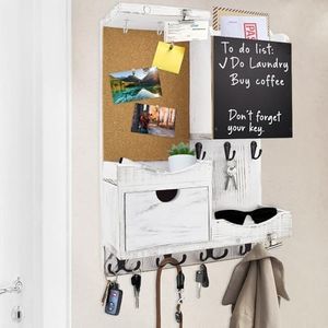 HEKOOLA Key Holder Wall Mount with Drawer and Mail Organizer, Whitewashed