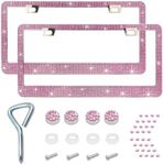 Ziciner Bling License Plate Frame, Sparkly License Plate Tag Cover with Multifaceted Rhinestones, Stainless Steel Crystal License Plate Holder, Universal Exterior Car Accessories (Light Pink, 2PCS)