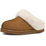 Litfun Fuzzy House Slippers for Women Fluffy Memory Foam Suede Slippers with Faux Fur Collar Indoor Outdoor, Brown, Size 8.5-9