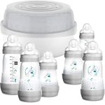 MAM Easy Start Bottle & Microwave Steriliser Set, Comes with 6x MAM Easy Start Self Sterilising Anti-Colic Baby Bottles, BPA Free Bottle Steriliser for Babies