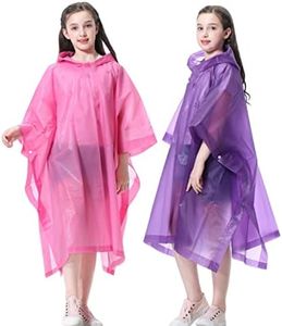 RUISHYY Kids Rain Poncho 2 Pack, Reusable EVA Rain Coats for Kids Emergency Child Ponchos Jacket with Hood for 6-14 Girls Boys (Pink+Purple)