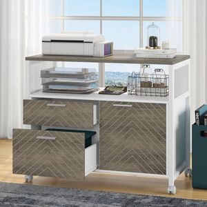 Tribesigns Modern File Cabinet with Drawers for Letter-Sized File and Door, Lockable lateral Filing Cabinet Printer Stand with Storage Shelves and with Rolling Caster for Home Office (Oak)