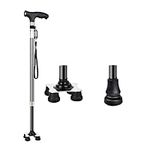 KCareU Walking Stick for Men Women Elderly Non-slip Adjustable Quad Cane Walking Sticks for Seniors Ultra-light 4 Prong Walking Cane with Light