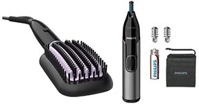 PHILIPS 50 Watt Thermo Protect Technology Heated Hair Straightening Brush & Nose Trimmer Nt3650/16, Cordless Nose, Ear & Eyebrow Trimmer with Protective Guard System (Gray)