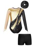 CHICTRY Kids Girls Gymnastics Leotard Rhinestone Mesh Long Sleeve Jumpsuit Tumbling Bodysuit with Dance Shorts Hair Band Set Gold&Black 7-8 Years