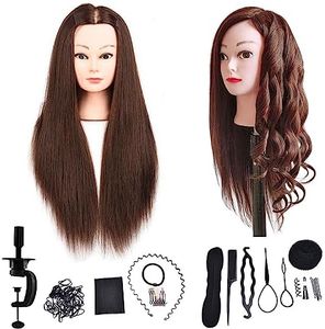 DaizySight Hair Styling Training Head with 60% Real Human Hair, 23" Dark Brown Cosmetology Mannequin Head Hairdressing Manikin Doll Head with Clamp & Styling Tools