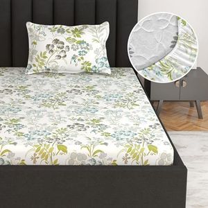 Divine Casa 100% Cotton Fitted Bedsheet Set for Single Bed | 1 Single Cotton Bedsheet & Pillow Cover | 144 TC Breathable & Wrinkle-Free Aesthetic Single Bedsheet Set - Floral