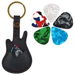 Tibapla Leather Guitar Picks Case with 5Pcs Colorful Guitar Picks, Keychain Guitar Picks Holder, Guitar Shaped Guitar Plectrums Bag with Keyring for Guitar Lovers Outdoor Playing (Black)