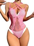 OYOANGLE Women's Fishnet Mesh Teddy Lingerie Hollow Out Crisscross One Piece Bodysuit Babydoll Light Pink one-size