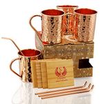 PURE COPPER MUGS WITH COPPER STRAWS AND PINE WOOD COASTERS SET OF 4 - Premium Quality – For Ayurveda Health Healing & Benefits - 100% Handcrafted Copper Hammered Mug - Solid Copper Mugs 16 Oz - For Home, Hotel & A Gift for Your Loved Ones by Copper Cure